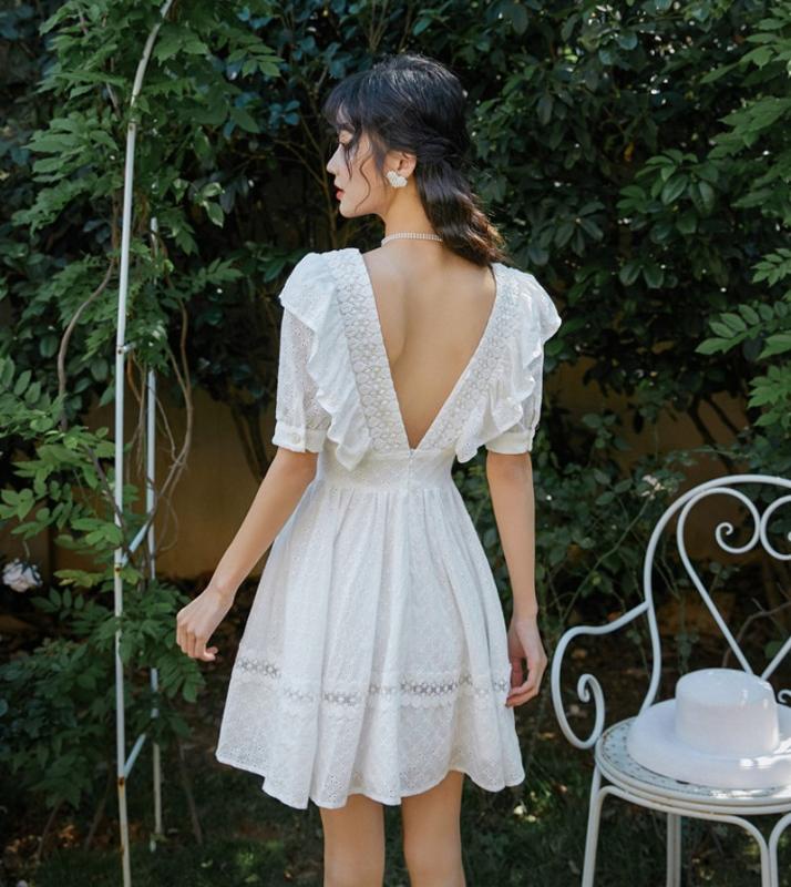 

2020 Summer Beach Ruffle Dress Short Sleeve Mini Dress square Collar Sexy Women Embroidery Patchwork Backless Holiday Dres, Picture color