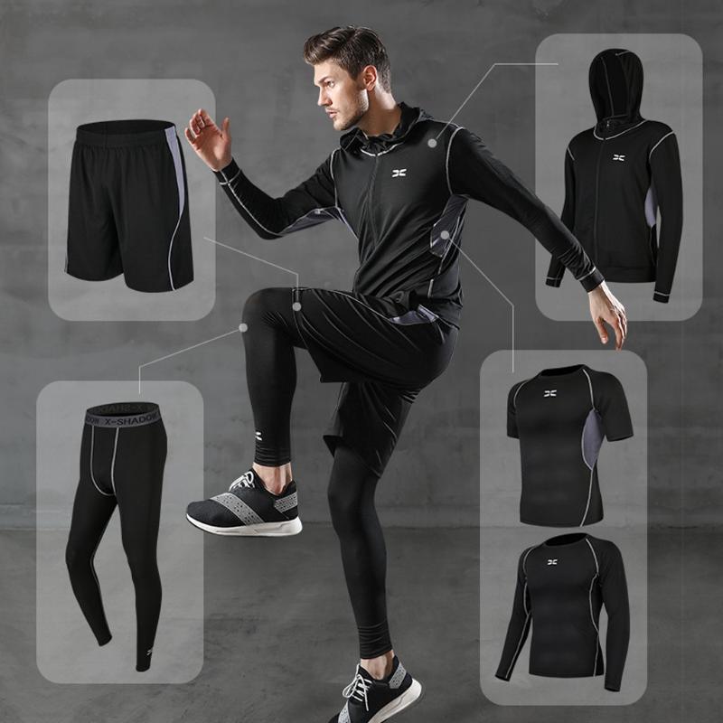 

5pcs/Set Men' Gym Workout Sports Suit Fitness Compression Clothes Running Jogging Sport Wear Exercise Workout Tights, 1pcs t shirt green