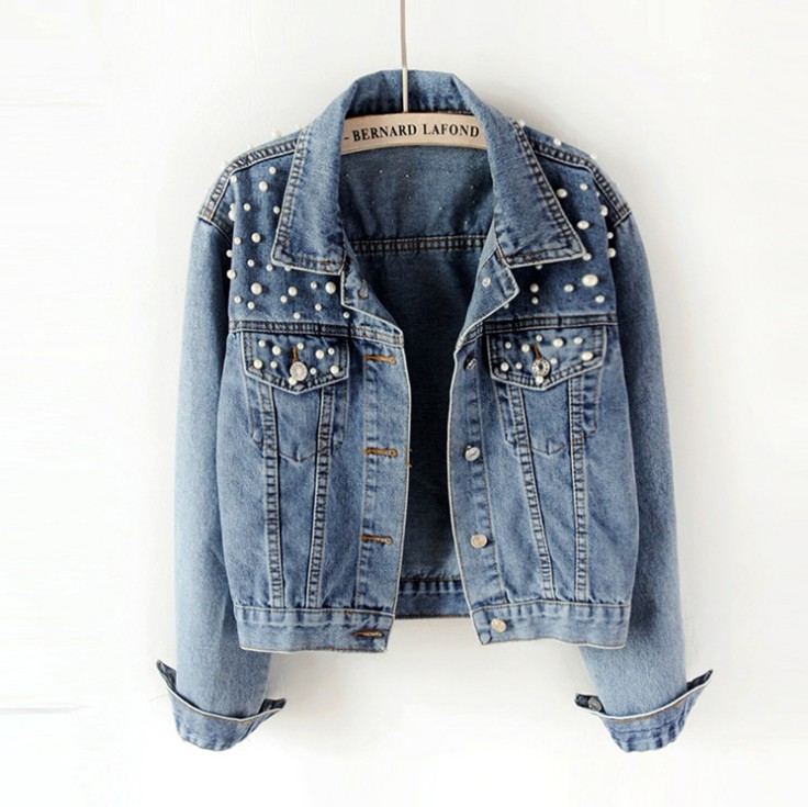 jaqueta jeans com renda e perola