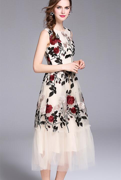 

Beauitful Flora embroidery dress street style dresses blouses sleeveless Mid-Calf crew neck women lace dresses, Multi