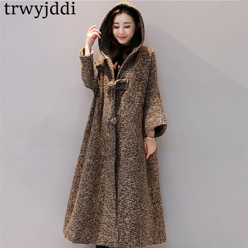 

Women 2018 Korean New Autumn Winter Bat Sleeve Wool Blends Coat Plus Size Long Hooded Windbreaker Woolen Jacket Outwear N122, Khaki