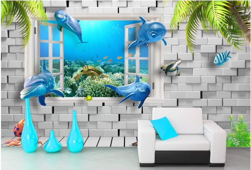 

WDBH 3d wallpaper custom photo Undersea dolphins brick wall scenery background home decor living room 3d wall murals wallpaper for walls 3 d, Non-woven wallpaper