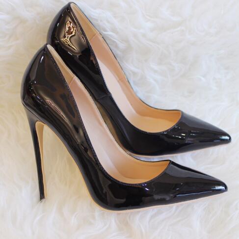 

Hot Sale-fashion women pumps Black patent leather point toe high heel cone heel shoes boots genuine leather 120mm real photo, 12cm heel