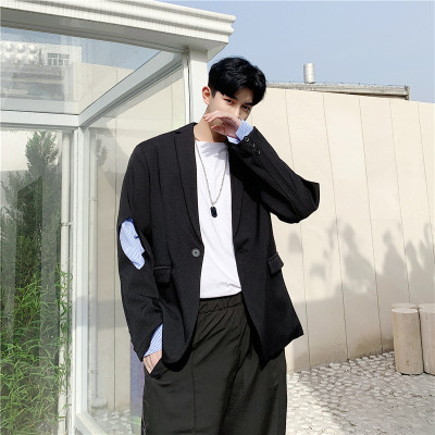 

2020 New Arrival Spring Autumn Men Jacket Black Cool Hole Out Sleeve Men Coat False Two Pieces Loose Suit Jacket