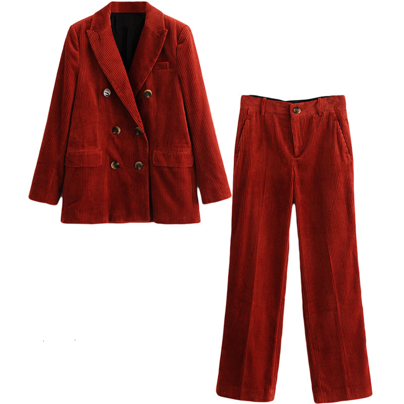 

Office Lady Pant suits retro Women' Sets fashion trousers suit double-breasted corduroy Blazers jacket+casual Pants two-piece, Burgundy