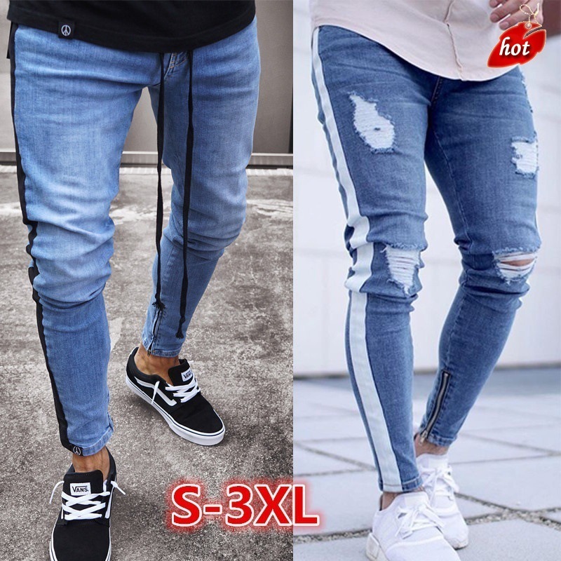 

2018 New Men Fashion Biker Jeans Denim Ripped Zipper Knee Holes Slim Skinny Hip Hop Side Stripe Jeans Men Plus Size O8R2, Blue