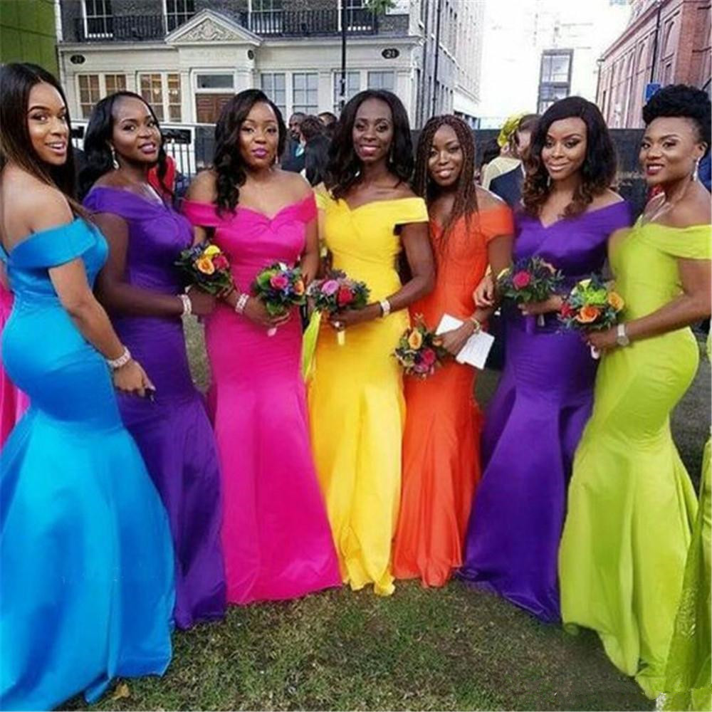 

Country Hot Selling Mermaid Bridesmaid Dresses Off The Shoulder Floor Length Satin Wedding Party Gowns Cheap Maid Of Honor Dress 78