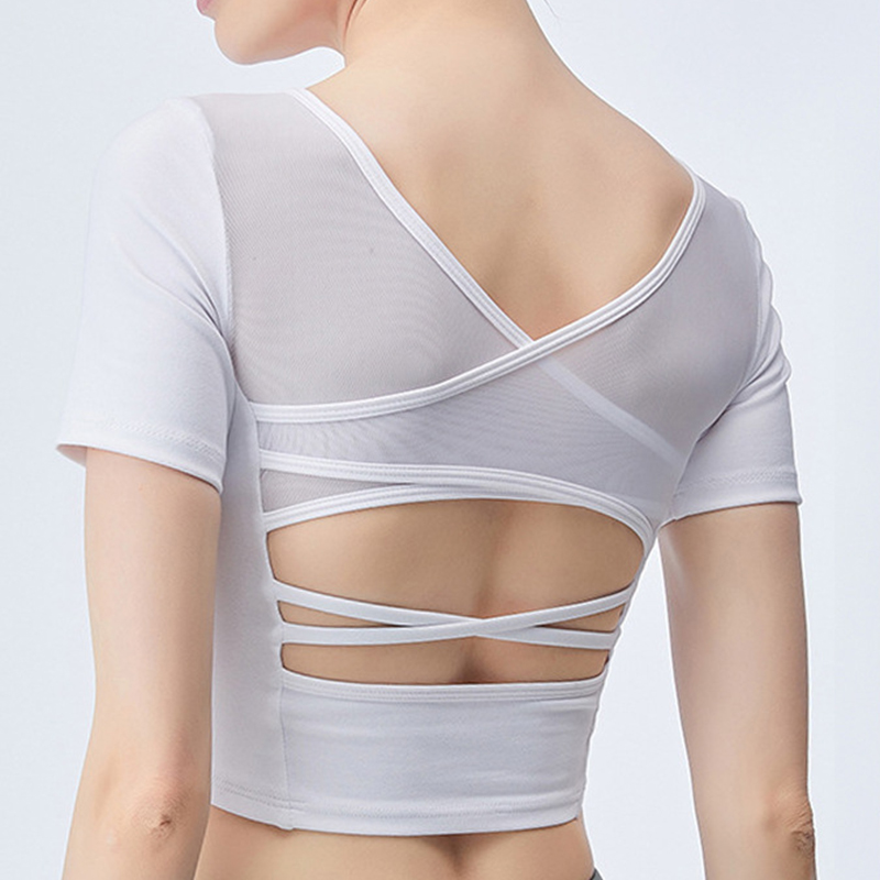 

2020 New Beautiful Back Slim Yoga Tshirt Nylon Nude Sports Wear for Women Gym Tight-fitting High Elastic Band Chest Pad, Black