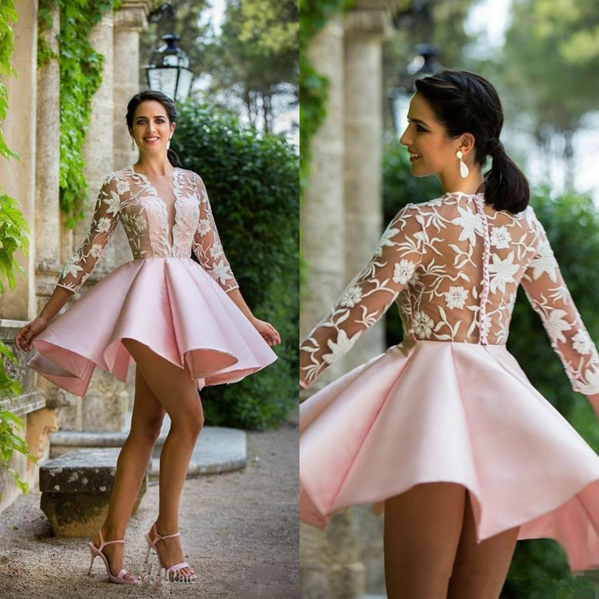 

Latest Pink Homecoming Dresses Illusion Long Sleeves Lace Short Skirt V Neck Prom Party Gowns Custom Made Cocktail Dress, Chocolate