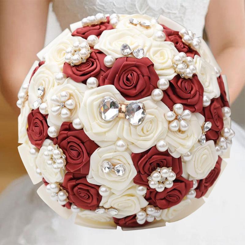 

New Style Wedding Bridal Bridesmaid Bouquet Flowers Size 21X26CM Wedding Bouquets Hand Hold Flower Decoration Accept Custom Made, Wine red and ivory