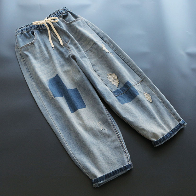 

Women Jeans 2020 Elastic Waist Contrast Color Pockets Harem Spring Summer Loose Patchwork Ankle-length Fashion Women Trousers, Multi