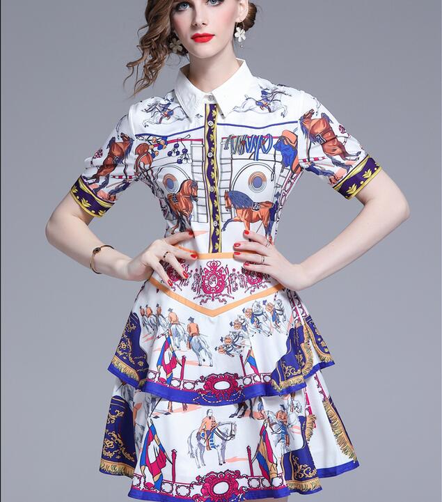 

2019 knight horse printed cake skirt short-sleeved dress street style dresses summer Flora printed above knee, Multi