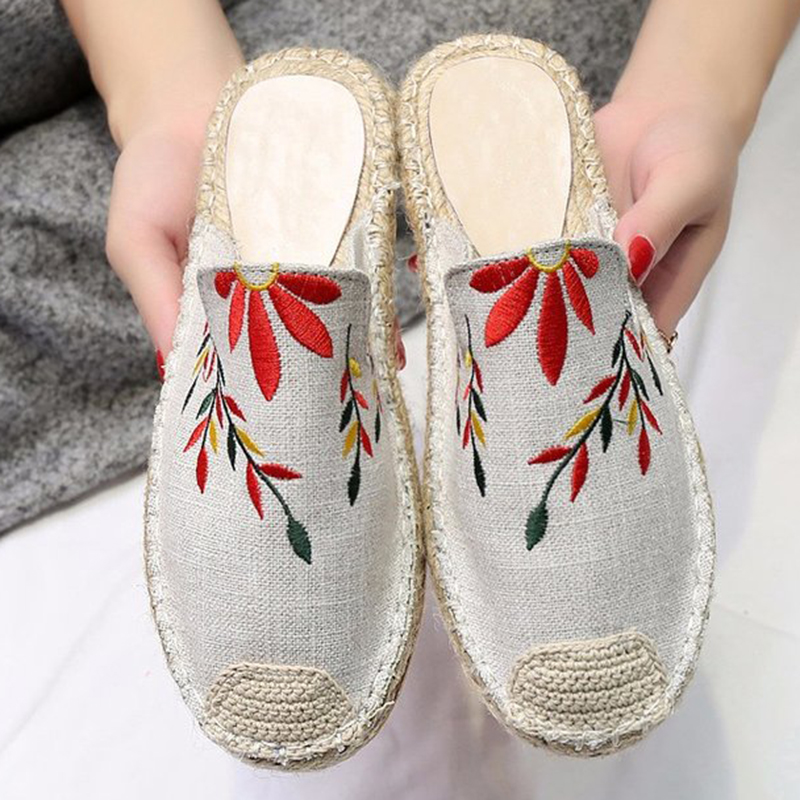 

Women Indoor Embroider Slippers Cane Platform Round Toe Floral Slides Casual Mules Ladies House Shoes Zapatos De Mujer, Blue