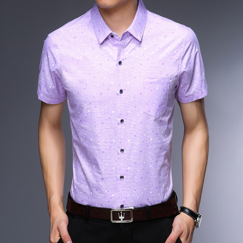 

Men Summer Casual Shirt Slim Fit Short Sleeve Turn-down Collar Single Breasted Polka Dot Cotton Mens Dress Shirts, Blue