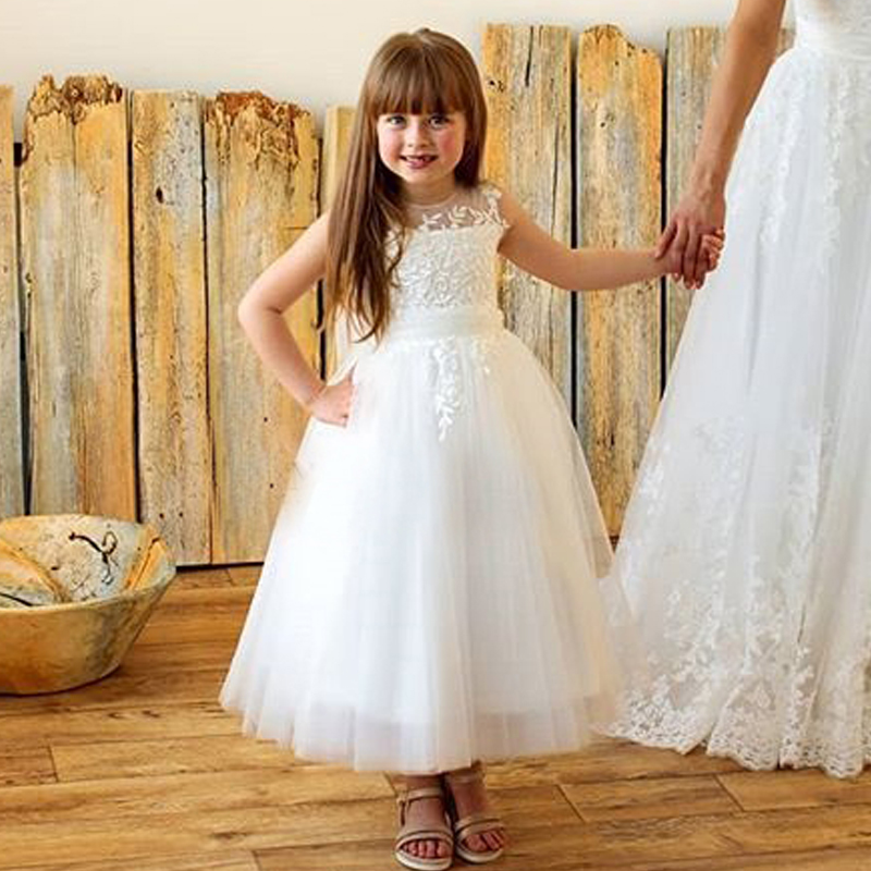 

Princess Flower Girl Dressing Gown Sheer Jewel Neck Sleeveless Lace Appliques Tulle Length Girls Wedding Party Dresses, Ivory