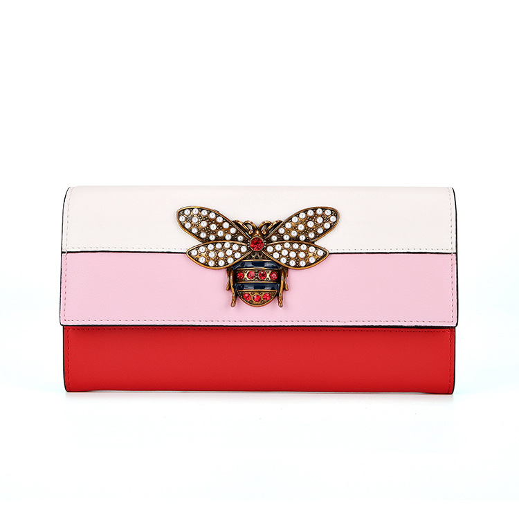 

Designer- Women Designer Genuine Leather Wallet Famous Brands Bee Purse Ladies Long Leather Wallet Luxury Female Tri-color Bag