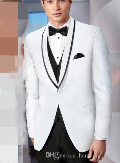 À la mode Un Bouton Blanc Smokings De Marié Col Châle Mens Party Robe De Bal Vêtements De Mariage Costumes (Veste + Pantalon + Gilet + Cravate) D