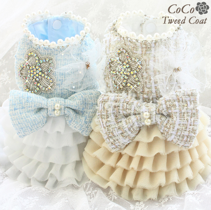 

Free shipping Handmade tweed dog clothes classic gem camellia pet dresses cats apparel, Blue