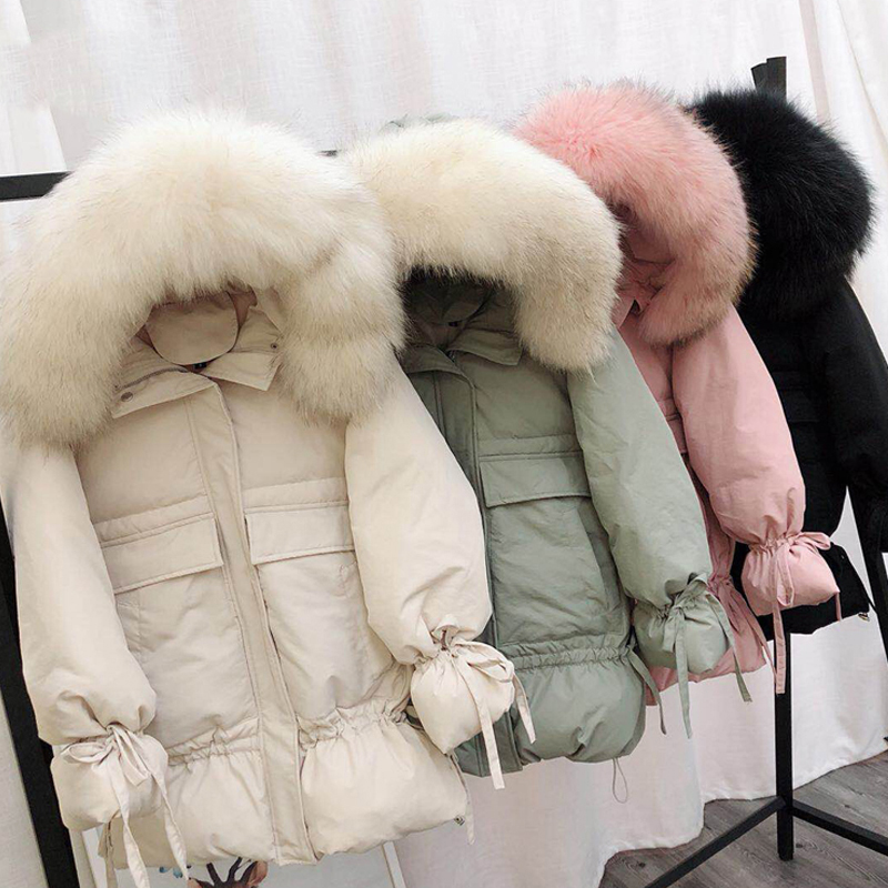 

Women Winter White Duck Down Parkas Loose Jackets Large Natural Raccoon Fur Hooded Warm Medium Long Coats Outwear, Black