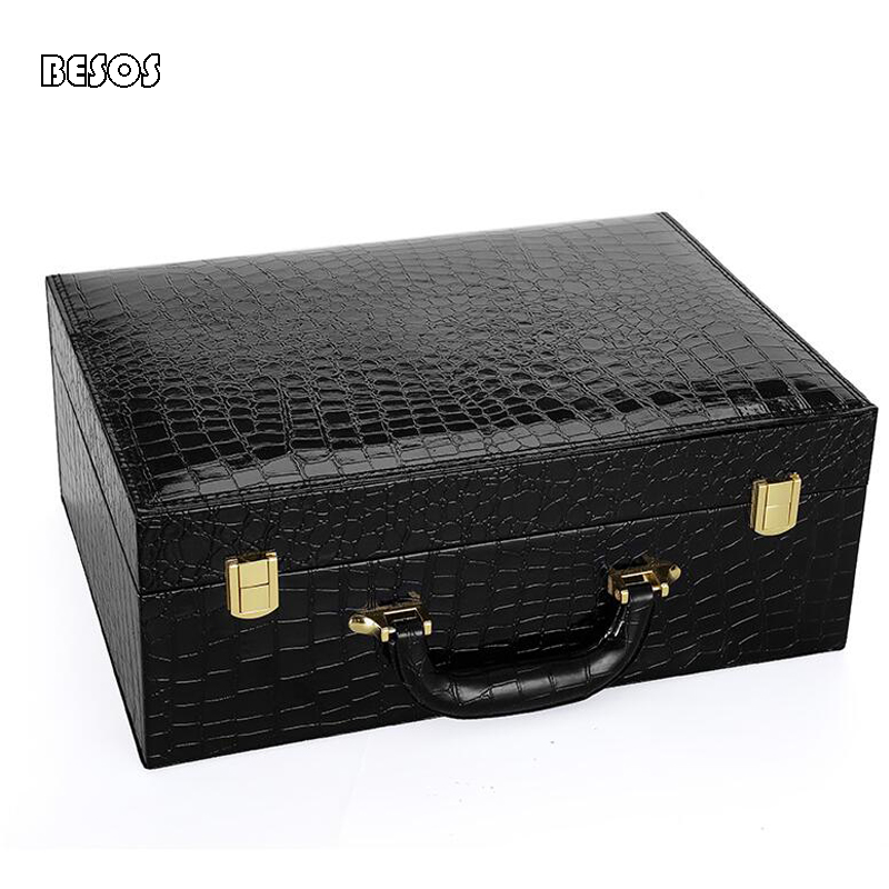 

High-end Black Brown Crocodile Grain Flannelette Lined New Year Party Red Wine Shoes Double Buckle Hand Carry Gift Box B325D