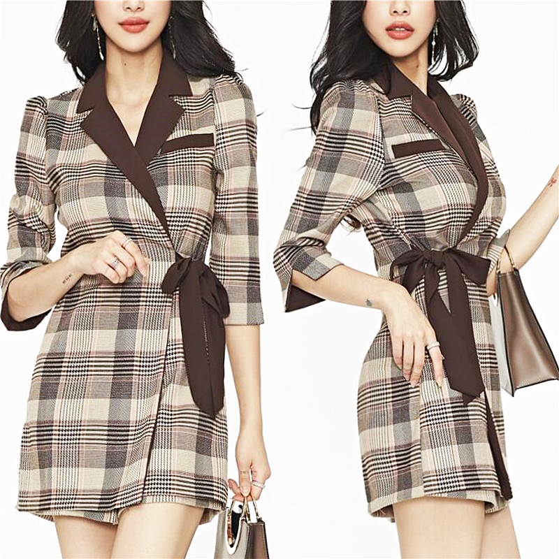 

Fashion Autumn High Street Rompers Womens Jumpsuit New Korea Office Lady Half Sleeve Slim Lace Up Plaid Bodysuit Women SL294, Brown