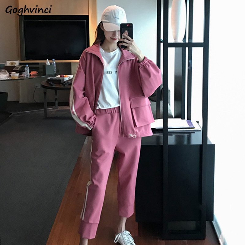 

Sets Women Plus Size Striped Pockets Casual Tops and Pants Ankle-length Korean Spring Two Piece Set Students School Daily Womens, Pink