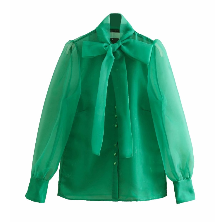 

women Blouse bow tied collar transparent organza green smock shirt blouses vintage sexy blusas chemise tops, 3610