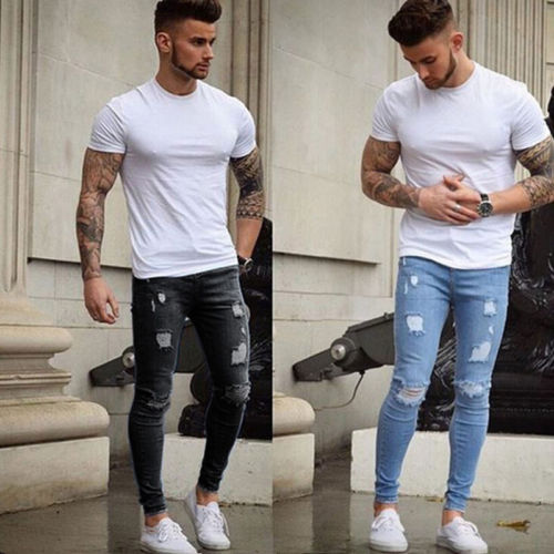 

2019 Newest Arrivals Fashion Hot Men' Long Straight Leg Slim Fit Casual Hole Strech Denim Pants Skinny Jeans Clubwear, Black