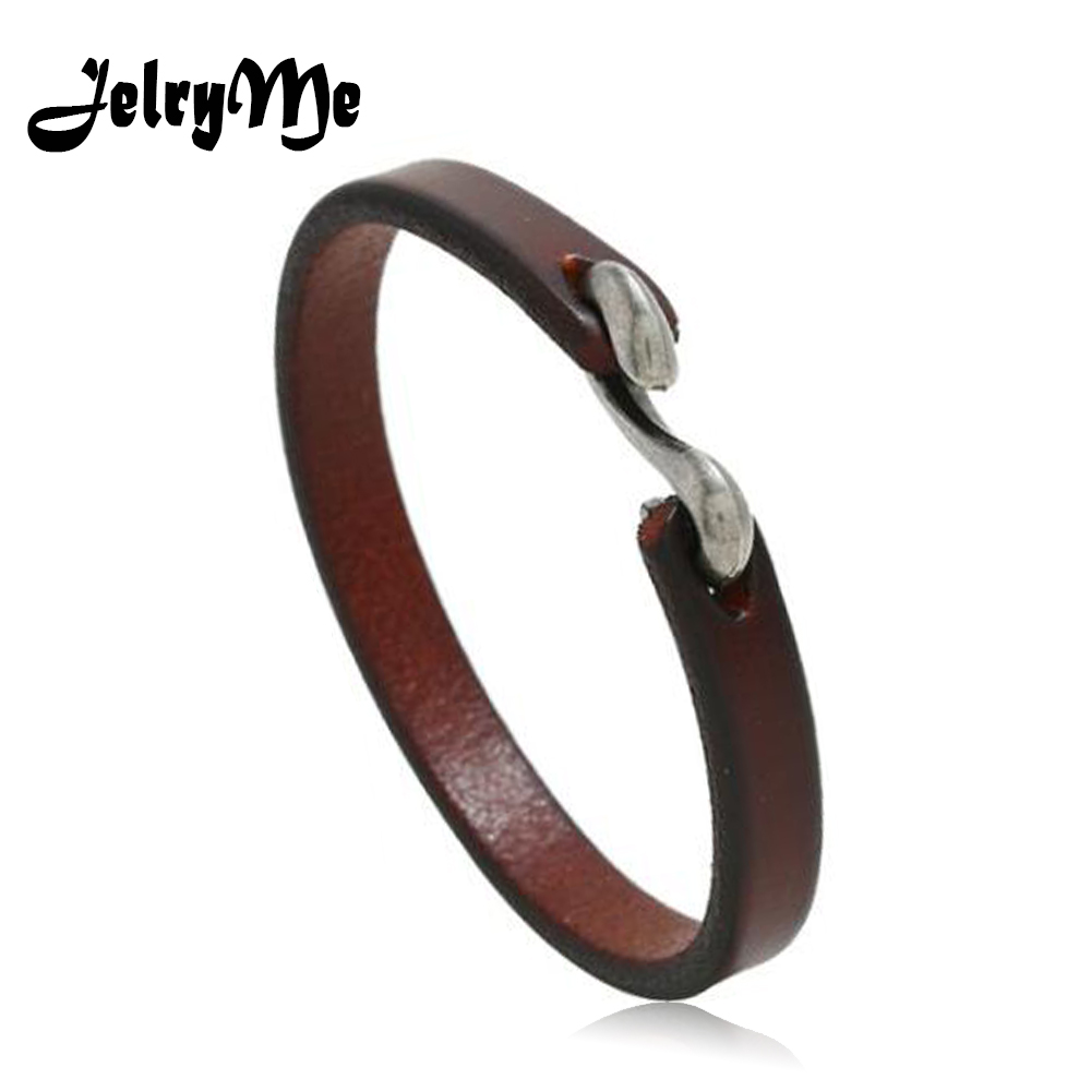 

2 Size Simple Hook Genuine Leather Men Bracelets & Bangles Vintage Armband Wrap Women Bracelet For Couple pulseras Jewelry