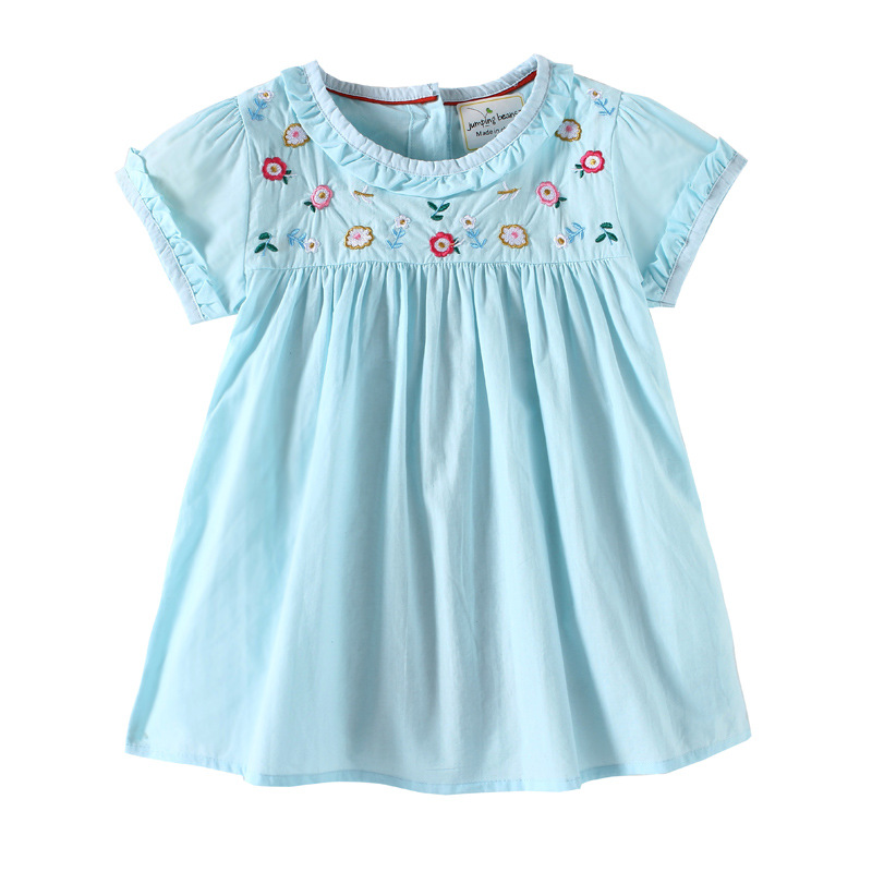 

New girl kids Clothes Elegant dress Round collar Short Sleeve Emboridery FlowerDesign girl kids Sky blue dress charming girl dress, Please order as 6 multiple
