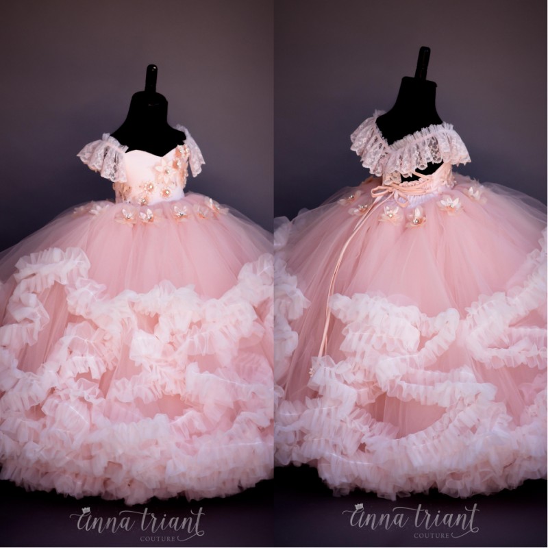 

princess pink lace beaded flower girl dresses ball gown hand made flowers little girl wedding dresses vintage pageant dresses gowns, White;blue
