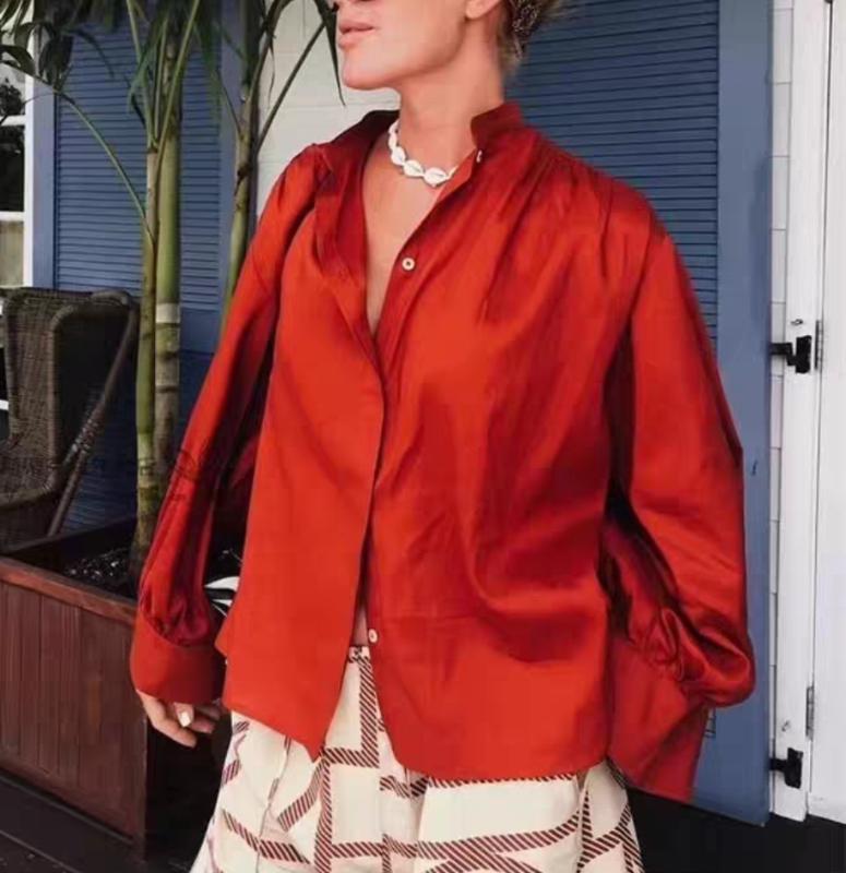 

Vintage style women shirt loose Lantern sleeve stand collar casual wild lady shirt 2020 new, Red