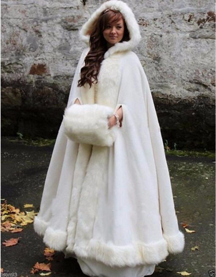 

White / Ivory Bridal Cape Wedding Cloaks Hooded with Faux Fur Trim Warm Adult Winter For Winter Bridal Wraps / Capes / Poncho