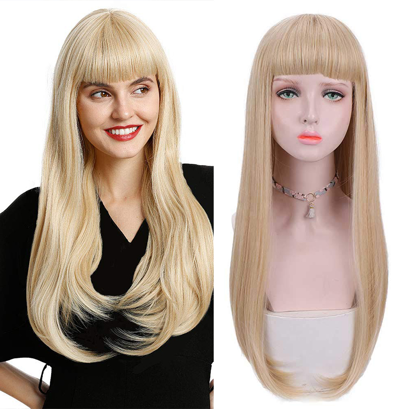 

AILIADE Brown Long Straight With neat Bangs Wig Synthetic False Hair For African American Black Woman Heat Resistant Wigs, Natural color