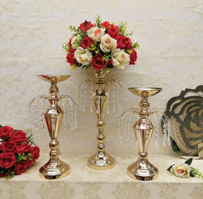 

10pcs Flower Holders Wedding Table Centerpieces Home Party Flower Vase Candle Stand Crystal Pendants Fountain Fake Rack, Beige