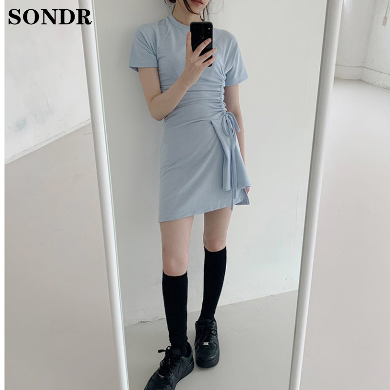 

Elegant O Neck Women Summer Dress Casual Slim Short Sleeve Drawstring Dress Vintage Korean Sexy A-Line Mini Vestidos 2020, Photo color
