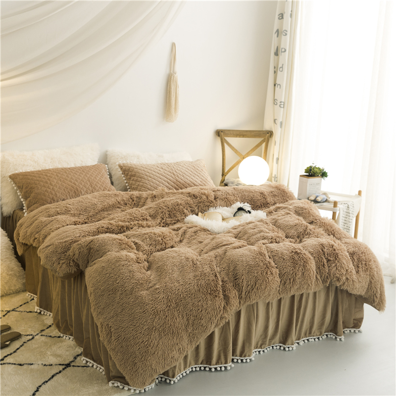 

Khaki White Purple Pink Gray Green Plush Shaggy Mink Velvet Duvet Cover Quilted Ruffles Bed Skirt Pillowcases Bedding Set
