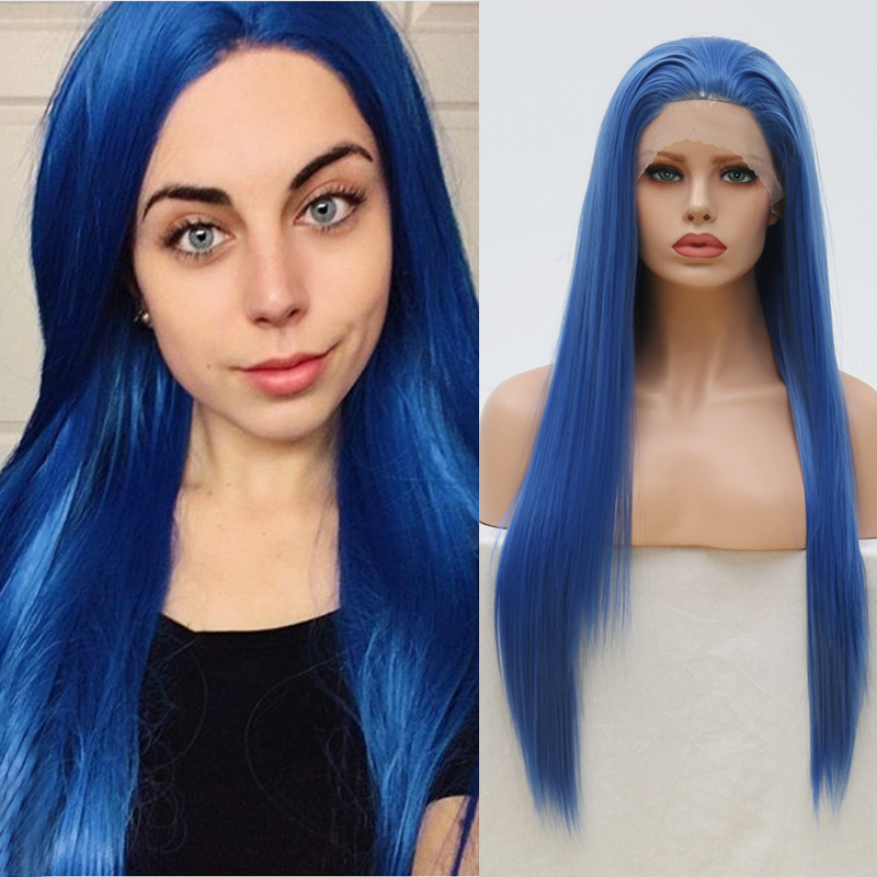 

Rongduoyi Long Blue Color Synthetic Lace Front Wig Silky Straight Fiber Hair Lace Wigs for Women Free Part Cosplay Hair Wig, As pic