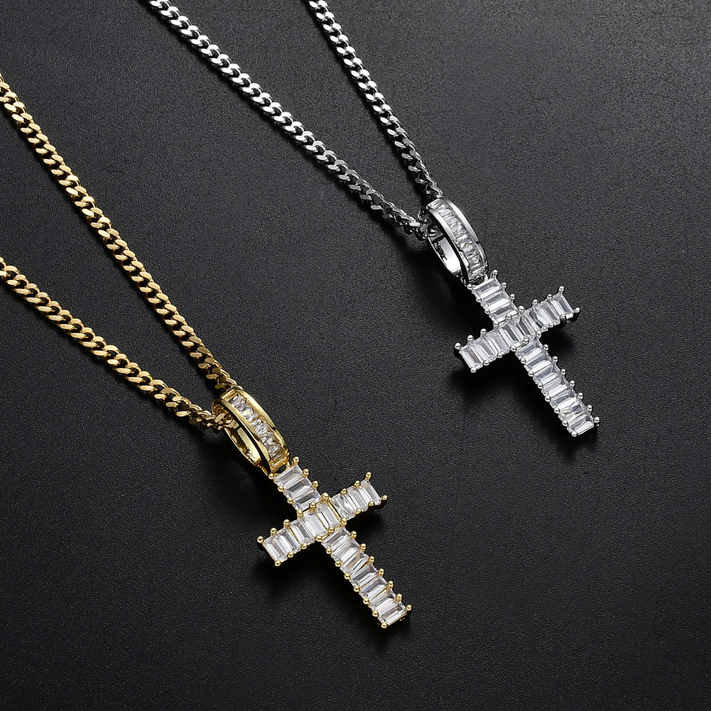 

Hip Hop Strip CZ Stone Bling Ice Out Cross Pendants Necklace for Men Rapper Jewelry with 24inch cuban chain Gold Silver Necklace