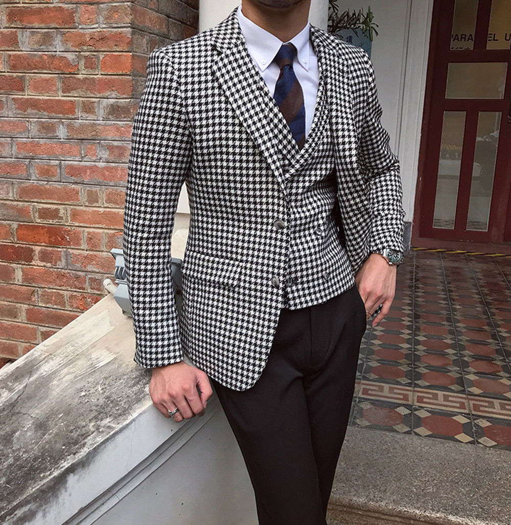 

Mens Suits Houndstooth Dogstooth Suits Checkered Tuxedos Blazer Prom Formal Dress Custom Made Top Quality Wedding Tuxedos, Gray