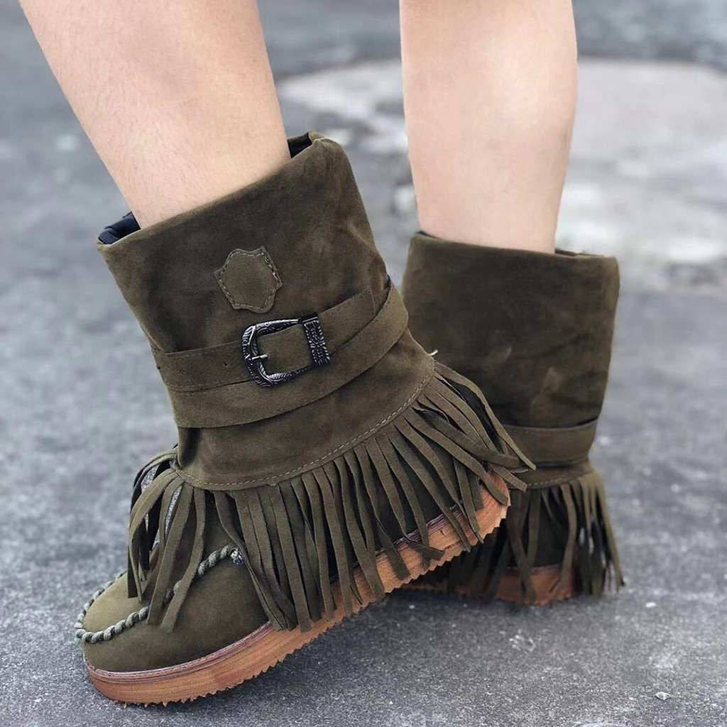 

Camouflage boots Women's Fashion Casual Round Toe Rome Fringe Suede short Booties tassels Flat Shoes Plus size Shoes 43, Blue