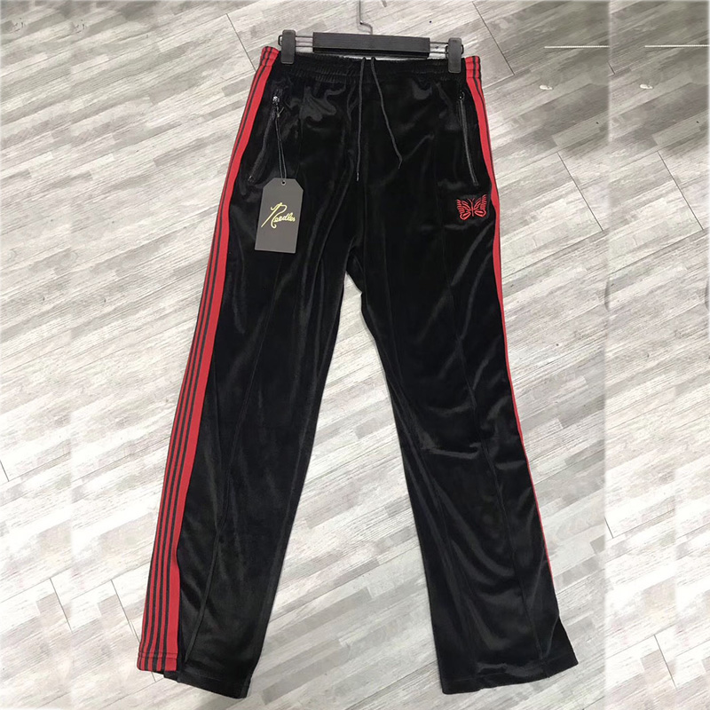 

Hip Hop AWGE Needles Sweatpants Drawstring Joggers Butterfly Embroidery Ribbon Striped Velvet Needles AWGE Sweatpants Trousers