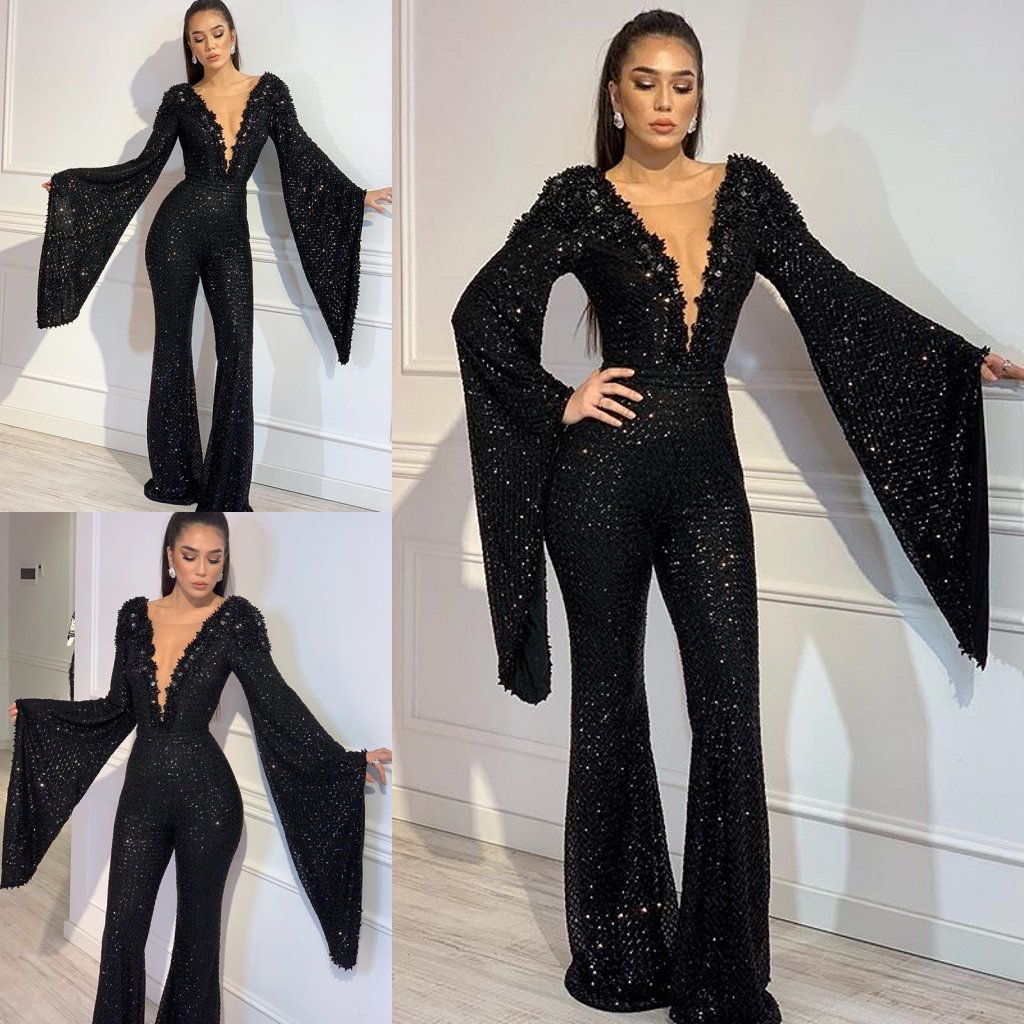 

2019 Black Prom Jumpsuits Deep V Neck Floor Length Long Bell Sleeves Evening Dresses Women Pant Suits Sequins robes de soirée Formal Gowns, Light yellow