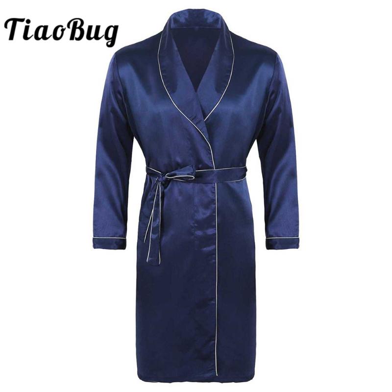 

TiaoBug Summer/Autumn Men Silky Satin V Neck Long Sleeves Bathrobe Nightgown Male Casual Kimono Robe Loungewear Sleepwear Pajama, Black