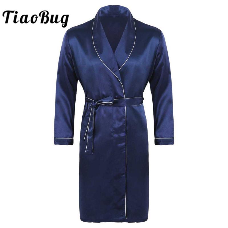 

TiaoBug Summer/Autumn Men Silky Satin V Neck Long Sleeves Bathrobe Nightgown Male Casual Kimono Robe Loungewear Sleepwear Pajama, Black
