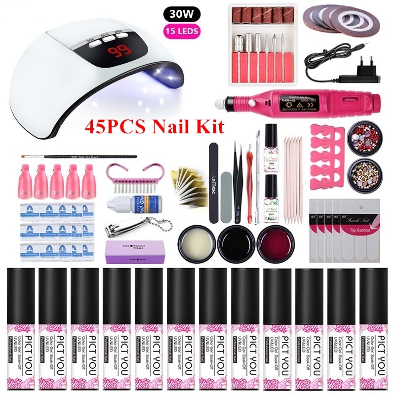 

45Pcs Nail Kit UV LED Lamp Dryer With 12pcs Nail Gel Polish Kit Soak Off Manicure Tools Set electric drill For Tools