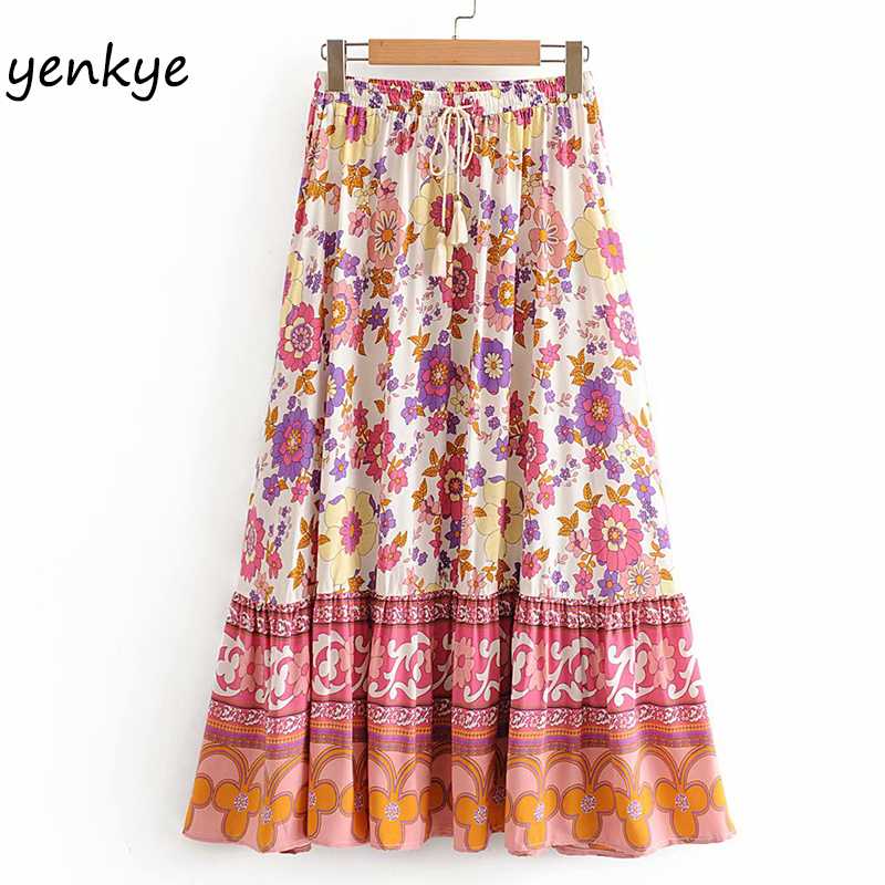 

Summer Skirts Womens Elastic Drawstring High Waist Floral Print Beach Boho Skirt Elegant Lady Casual Pleated Long Skirt Maxi, As pic