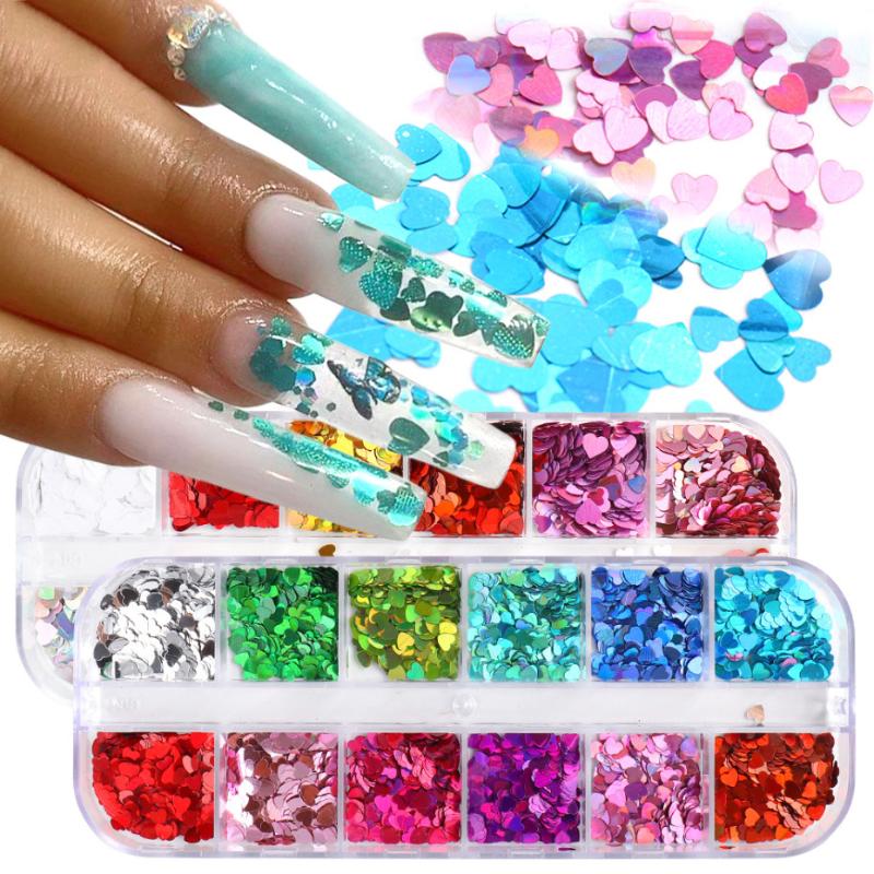 

12 Grids Glitter Sequins for Nail Heart-shaped Flakes Mirror Holographic Paillette Gel Polish Nail Art Decorations