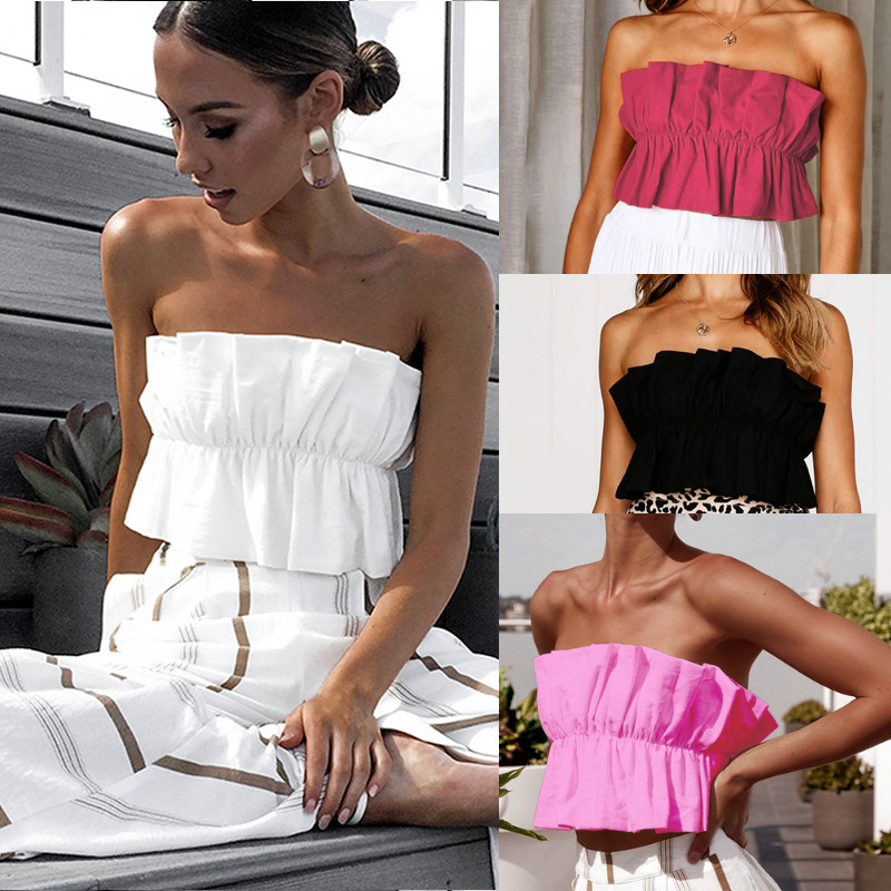 

2020 Fashion Solid Color Ruffles Crop Tops Women Boho Cami Vest Strapless Tank Female Tops Summer White Black