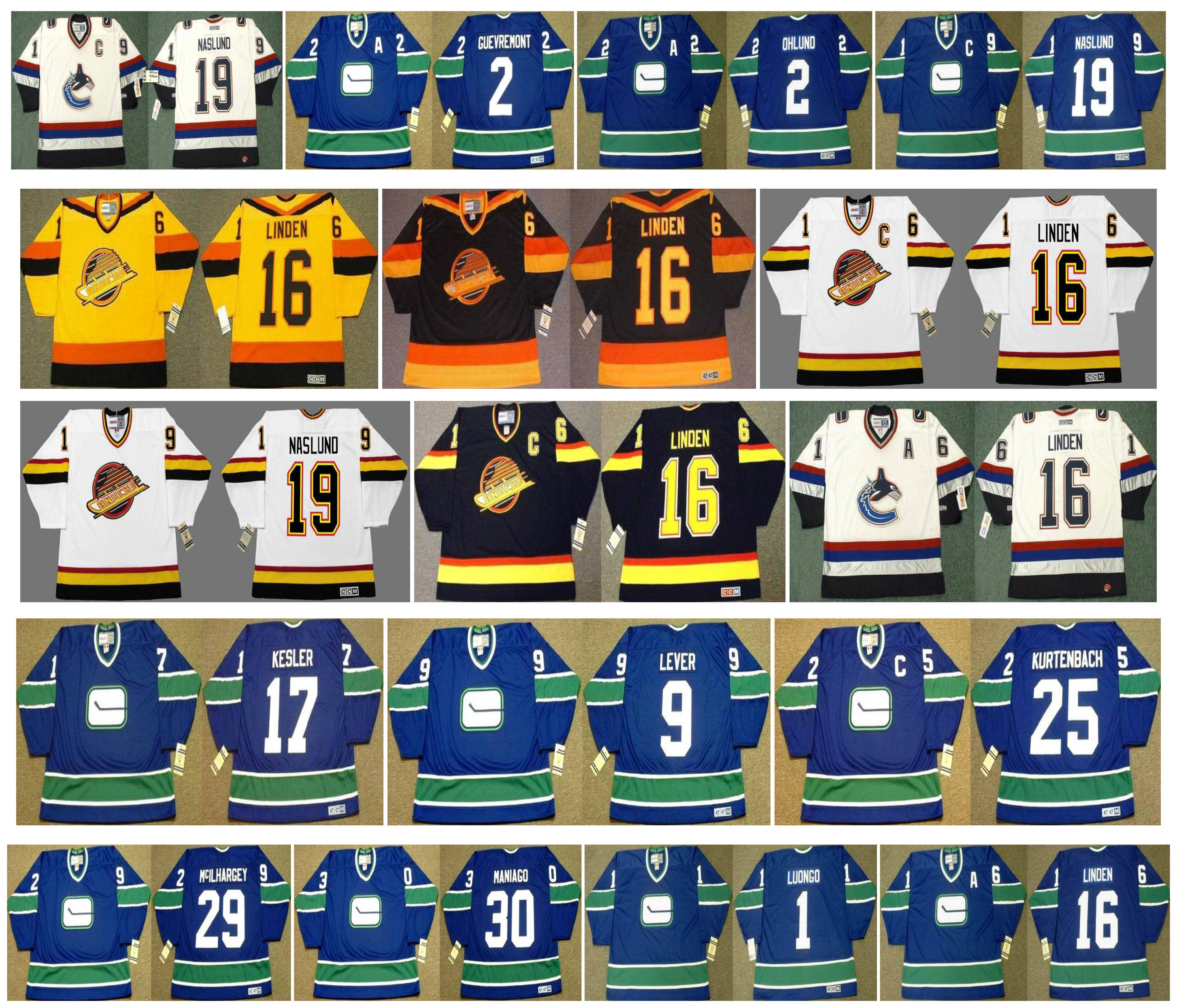 

Vintage Vancouver Canucks Jersey 1 Roberto Luongo 2 jocelyn guevremont 16 Linden 9 DON LEVER 25 orland kurtenbach 17 ryan kesler CCM Hockey, As pic